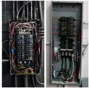 A side-by-side comparison of electrical panels showing the difference between messy wiring on the left and organized wiring with proper color-coding on the right.RetryClaude can make mistakes. Please double-check responses.